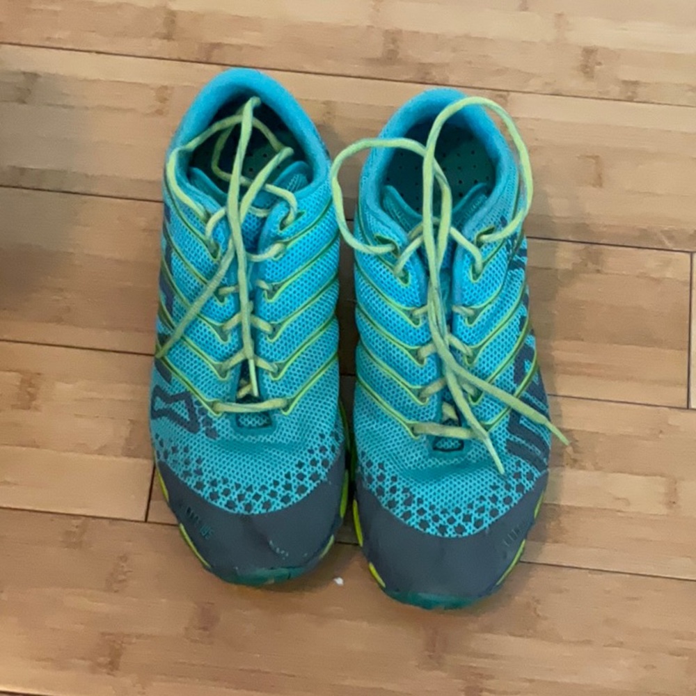 INOV-8 running shoes, blue and green colored, size 9
